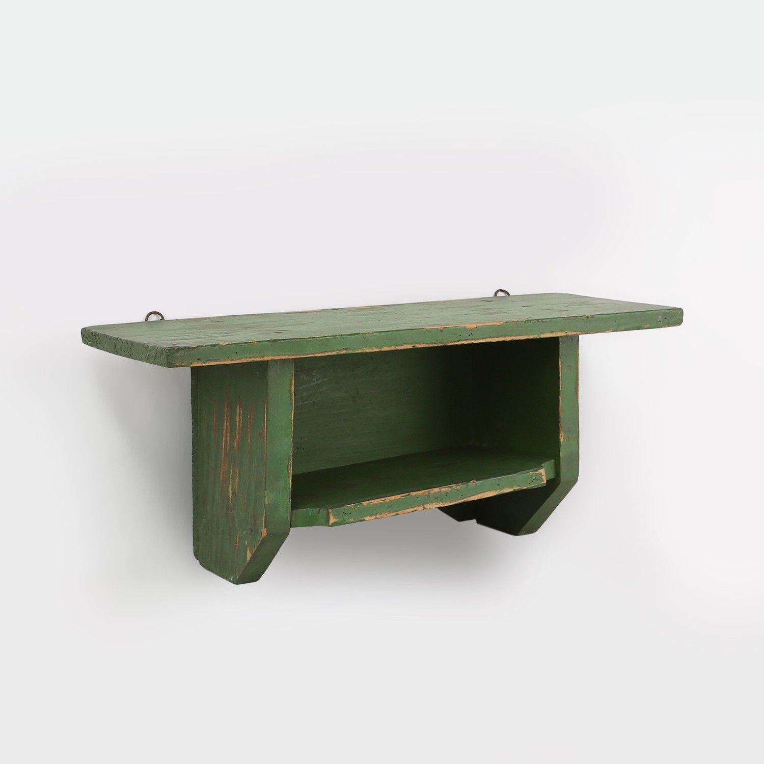 Small Rustic Green Wooden Wall Unit with 2 Shelves, France, 1880s-img